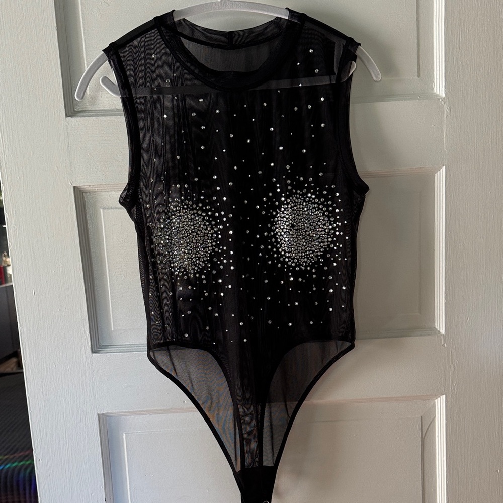 Good American Black Sheer Bodysuit with Rhinestones